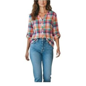 Talbots Button Down‎ Shirt Roll Tab Sleeve Colorful Plaid Cotton Gauze preppy Lg